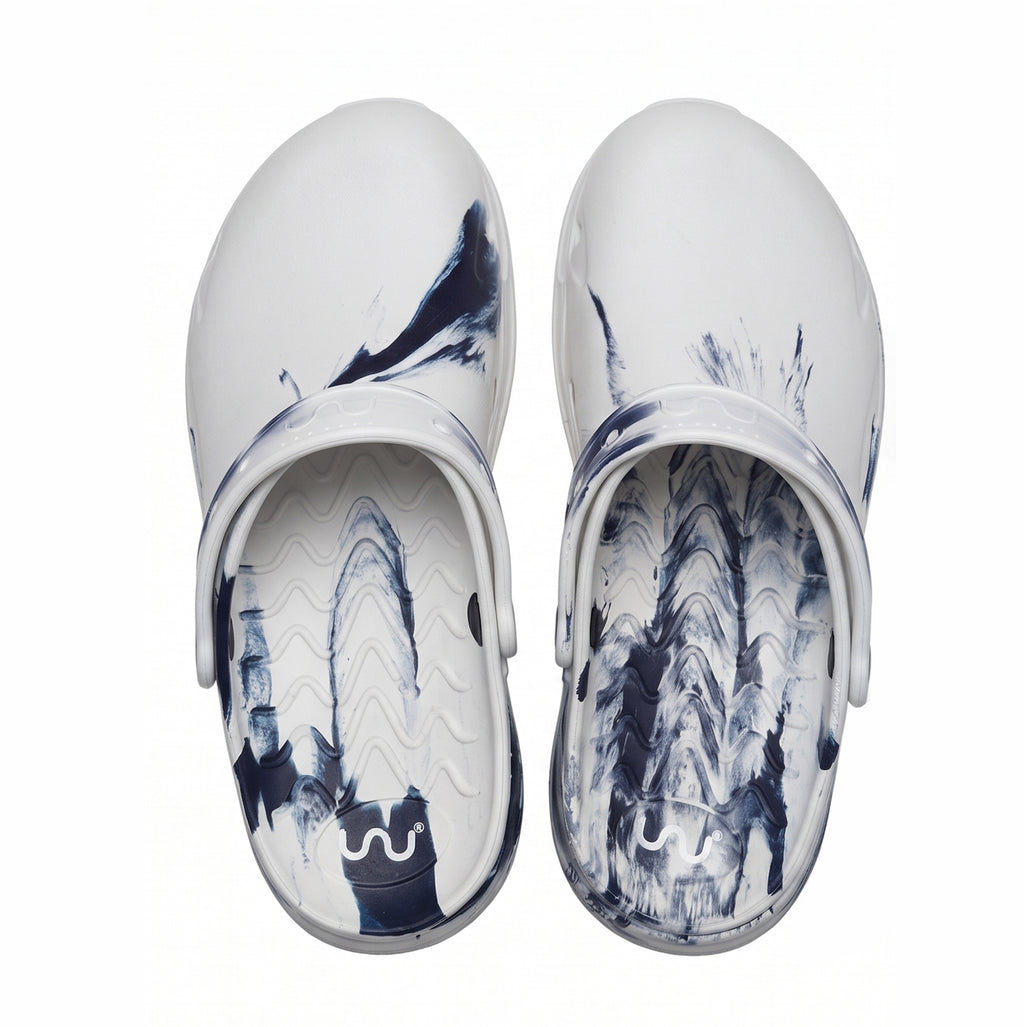 Mule Marble with Strap Soft Dr Anti-Skid Slipper for Men White Navy Blue